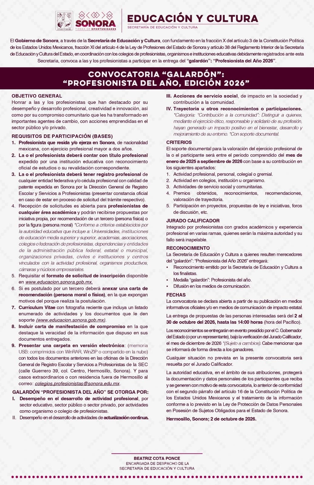 CONVOCATORIA PROFESIONISTA DEL AÑO 2026